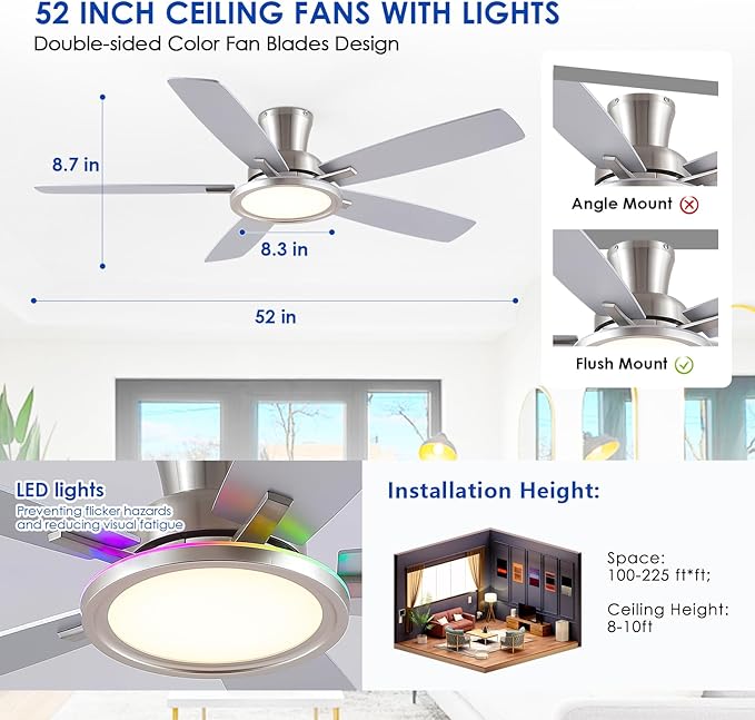 52" RGB Ceiling Fan with Light and Remote/App - Flush Mount Ceiling Fan Light with Reversible Mute Motor, RGB Ring, 5 Dual-Sided Blades, Low Profile Ceiling Fans for Indoor, Party