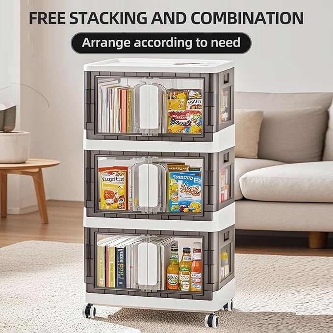 Folding Storage Organizer with Silent casters | Stackable Design for Home & Office, Heavy-Duty Plastic Storage Bin with Clear Door, 3 Sizes (19.5/23.5/27.5in),Black/White (19.7" 1 layer, White)