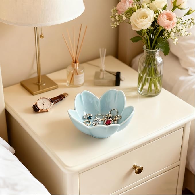 Flower Ring Dish Jewelry Tray, Ceramic Jewelry Dish, Cute Small Trinket Tray, Nightstand Bathroom Decor Ring Holder, Jewlery Plate Bowl for Christmas Friendship Birthday Gifts for Women Mom