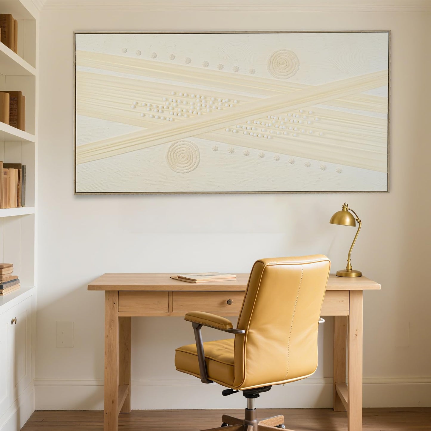 Abstract Wall Art for Living Room Canvas Painting Framed Boho Decor, Cuadros para Sala Elegantes y Modernos Dormitorios, Bedroom Office Handmade Large Size 29"x58"" with Tools Kit (Light Yellow)"