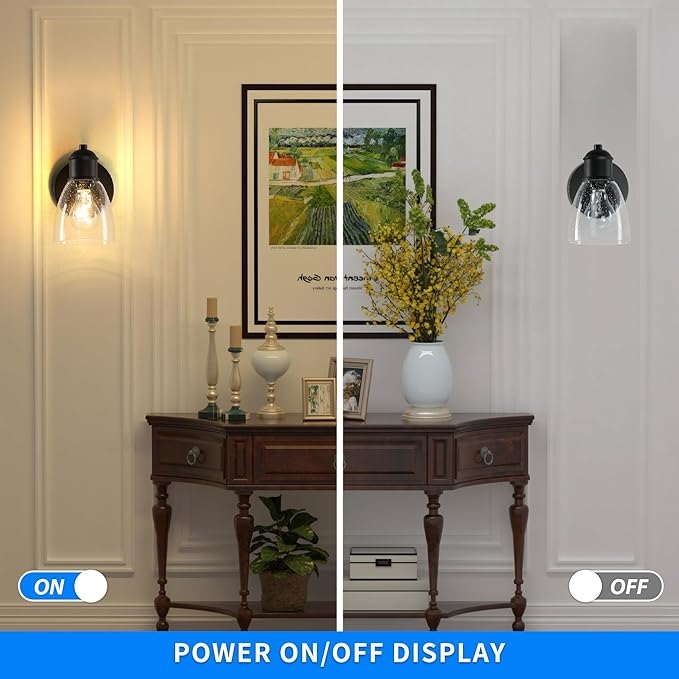 Black Wall Sconce Set ot Two, Hardwired Wall Lights for Bedroom, Modern Indoor Wall Light Fixtures with Seeded Glass for Bathroom Beside Mirror Living Room Hallway Kitchen