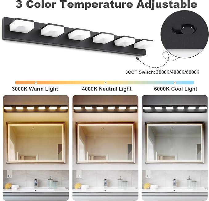 3 Colors Dimmable Bathroom Light Fixtures Over Mirror, LED Black Vanity Lights, Acrylic Stainless Steel 6 Light Bathroom Vanity Light Fixtures, Adjustable 3000K/4000K/6000K, 360° Rotate