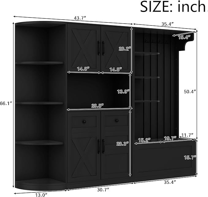Multifunctional Hall Tree with 4 Hooks, Wood Hall Tree with Open Shelving and Flip Hidden Shelf, Left-Right Combination Coat Rack (can be Used Separately), Entryway Bench (Black/45c)