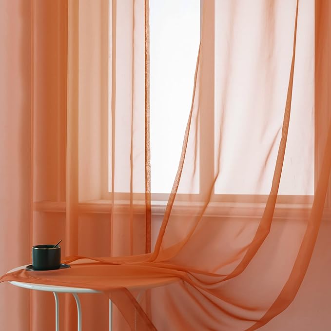 DUALIFE 54 Inch Length Sheer Curtains Burnt Orange for Bathroom 2 Panels Set Grommet Small Transparent Short Curtains for Bedroom Kitchen 52x54 Inches Long Terracotta Rust