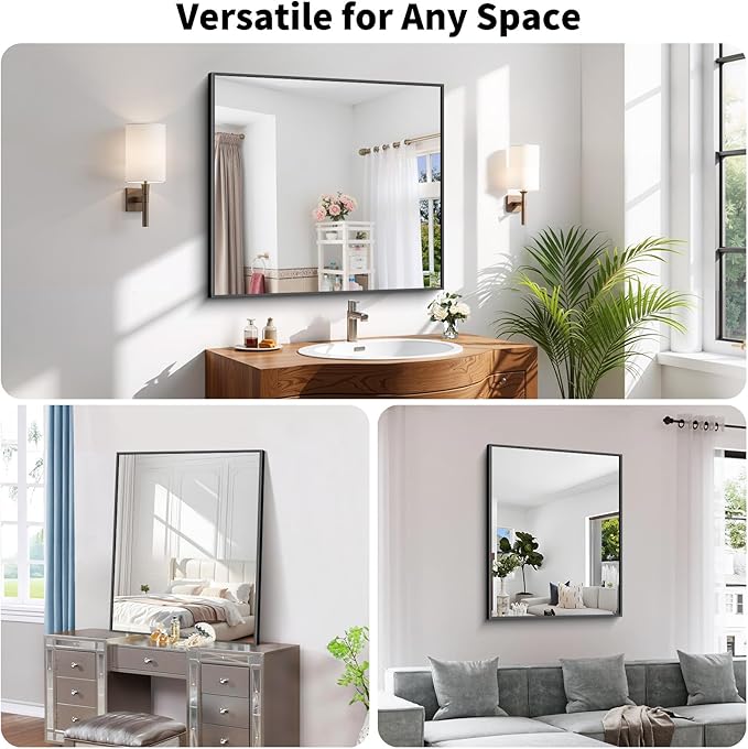 Koonmi Black Framed Bathroom Mirror - Shatterproof 38"x26" Tempered Glass, HD No Distortion, Horizontal/Vertical Mount, Modern Matte Aluminum Alloy Frame