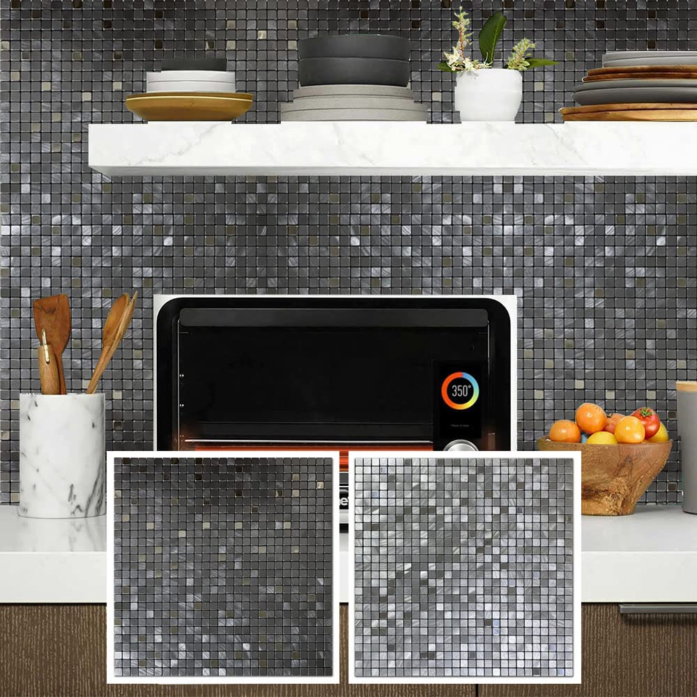 XUANINY 10-Piece Peel and Stick Backsplash for Kitchen Aluminum 3D Wall Sticker Panel Self-Adhesive Metal Mosaic Tile (11.41"x11.41""Grey)"