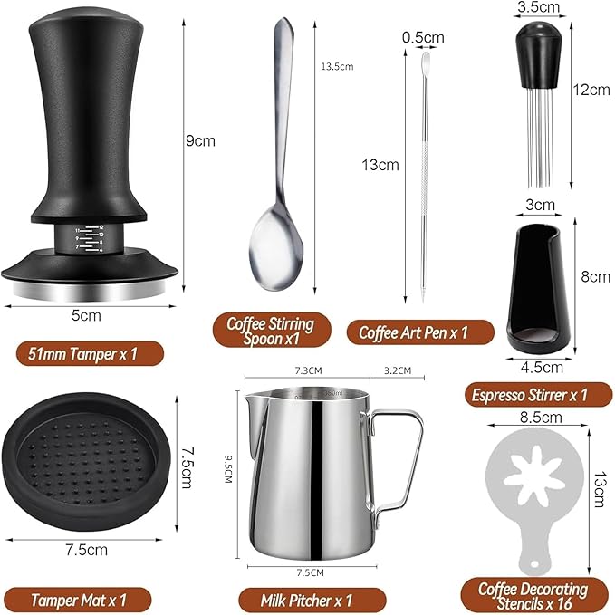 51mm Espresso Tamper Kit - 22 Pcs Barista Tools Set with Espresso Press Tool, Coffee Tamper, Milk Jug, Mat, Stencil & More for Professional Coffee Making