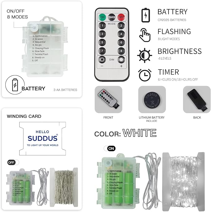suddus 66ft 200 LED Outdoor String Lights, White Fairy Lights Battery Operated with Remote, Led Twinkle Lights for Bedroom, Wreath, Patio, Tapestry, Backyard, Garden, Christmas, Party, Indoor