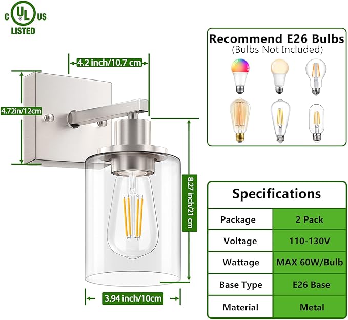 Licperron Wall Sconces Set of Two, Brushed Nickel Modern Wall Sconces Lighting with Clear Glass Shade, Industiral Bathroom Vanity Light Fixtures, Farmhouse Wall Lamp for Bedroom Mirror Living Room
