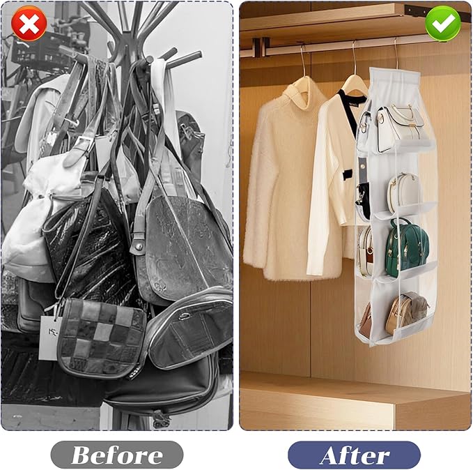3Pack Hanging Handbag Organizer for Closet – 8 Clear PE Pockets, Space-Saving Purse Storage Holder (White, 41” x 13.5”)