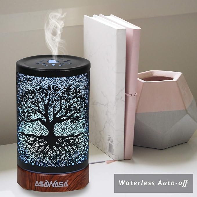 ASAWASA Diffusers for Essential Oils, Essential Oil Diffuser with Waterless Auto Shut-Off, Metal Art Aromatherapy Humidifier with Multicolor Changed Night Light,Ideal for Home Gifts Spa Yoga (Banyan)