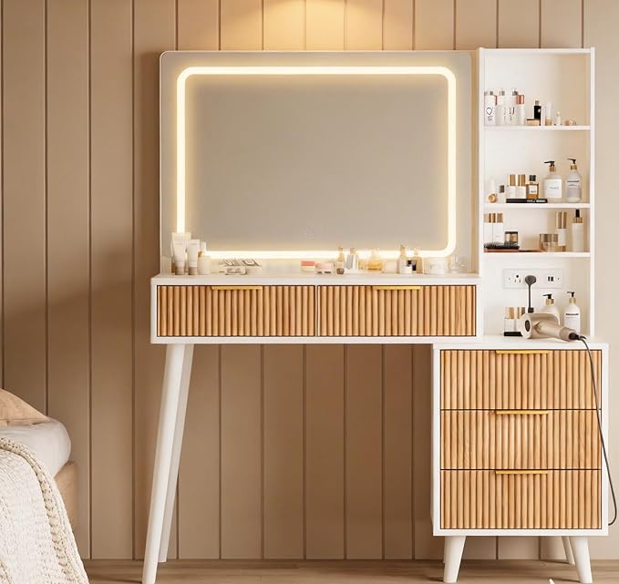 Makeup Vanity Desk with Mirror and Lights, Makeup Vanity with 5 Drawers&Storage Shelves, Vanity Table with Power Outlet, 3 Color Adjustable Lighting Dressing Table Set for Bedroom Oak