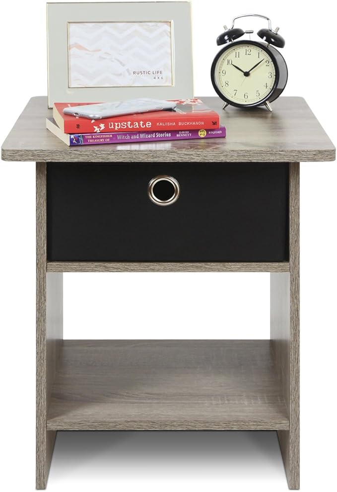 Furinno Dario End Table / Side Table / Night Stand / Bedside Table with Bin Drawer, 1-Pack, French Oak Grey/Black