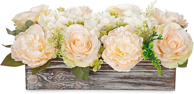 DILATATA Flower Arrangement with Wooden Vase 14" Artificial Flowers in Pot - Fake Flowers Roses Peonies Hydrangeas in Wooden Vase Potted Flower Centerpieces for Table Decor Living Room - Pale Yellow