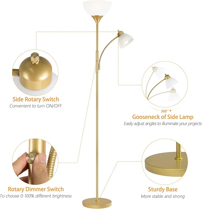 Floor Lamp, Standing lamp, Stepless Dimming Brightness, Included 9W and 5W LED Bulbs, Lamp for Living Room, Bedroom, Office, Reading