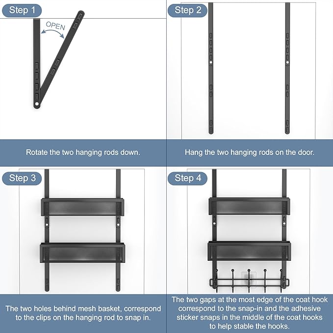 Adjustable Over The Door Hooks Organizer, Door Hanger Coat Rack with 2 Mesh Baskets and 10 Hooks, Back of Door Storage Organizer for Bedroom,Bathroom,Kitchen (Black)