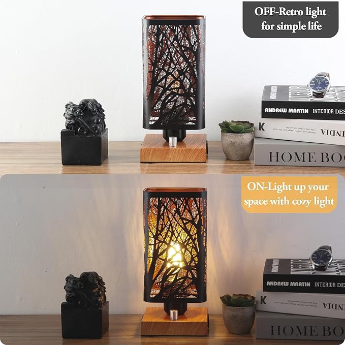 Industrial Table Lamp Sets of 2 with USB Ports and Outlet, Rustic Dimmable Bedside lamp with Charging Station, Metal Square Shadow Nightstand Lamp for Bedroom Living Room End Tables