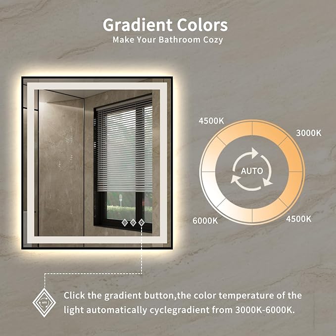 LED Bathroom Mirror, 28x32 Inch Black Framed Gradient Front and Backlit LED Vanity Mirror, 3 Colors Dimmable CRI>90, IP54 Enhanced Anti-Fog Wall Mounted Lighted Bathroom Mirror