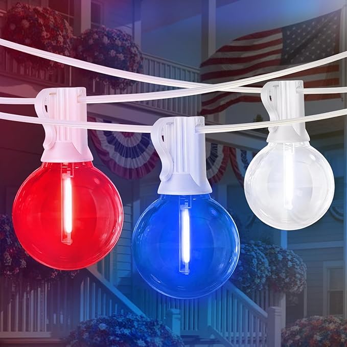 LAMPHOME 4 Pack 26Ft LED G40 Red White and Blue String Lights Outdoor, 4th of July Patriotic Lights with 12+1 Shatterproof Bulbs, Memorial Day Independence Day Decor for Yard Garden Patio