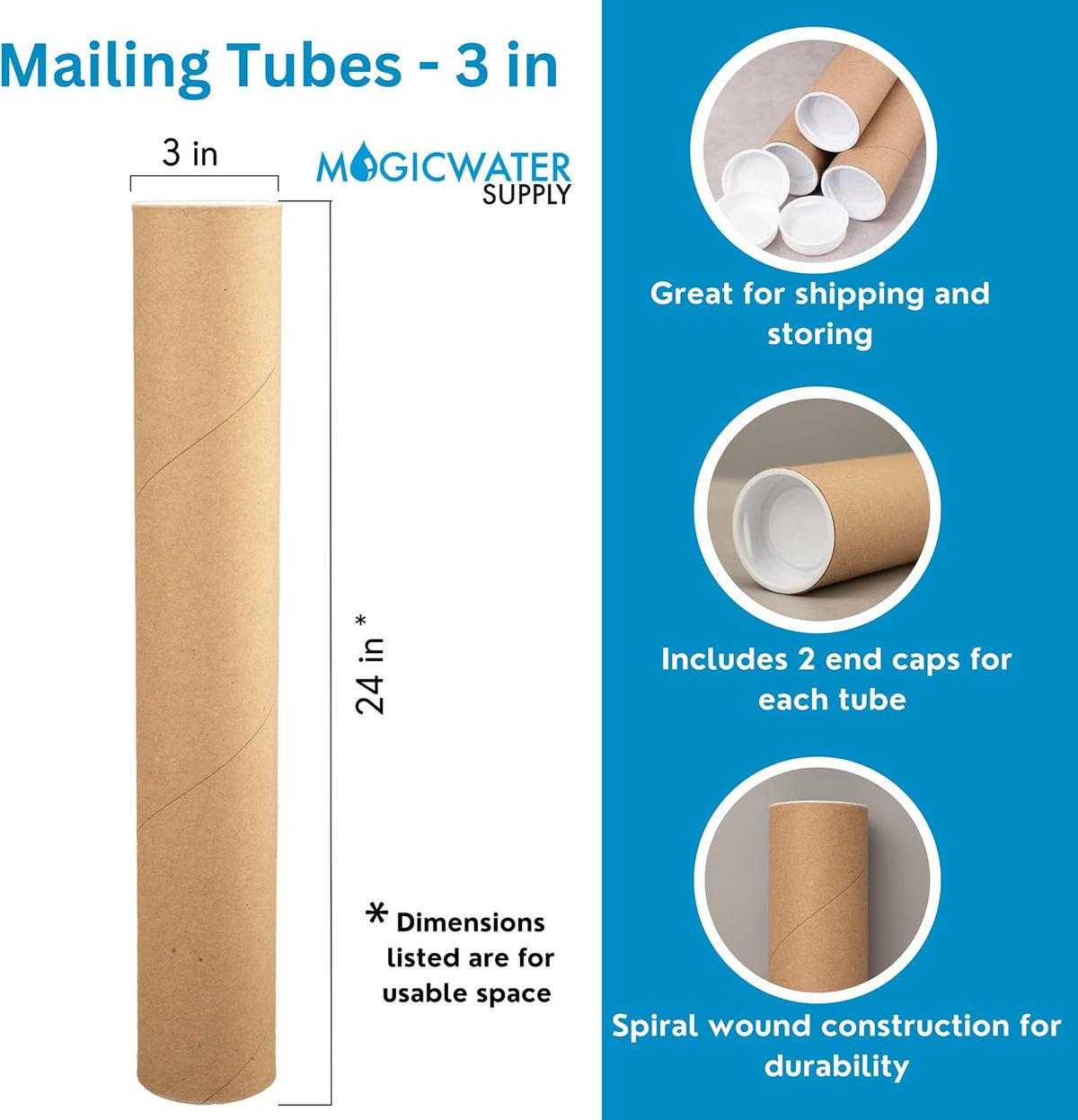 MagicWater Supply Mailing Tube - 3 in x 24 in - Kraft - 1 Pack - for Shipping and Storage of Posters, Arts, Crafts, and Documents