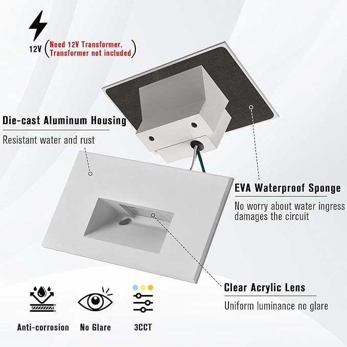 Step Lights Outdoor Indoor Stair Lights LED, 3CCT 12V Low Voltage 4W Color Changing 3000K/4000K/5000K 150LM, White IP66 Waterproof, Horizontal Light for Stairs, 6-Pack