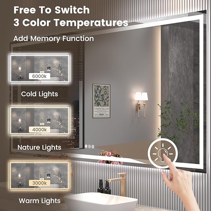 84"X32" LED Bathroom Mirror with Front Lights and Backlit, Anti-Fog, Dimmable, Shatter-Proof Tempered Glass, Lighted Bathroom Vanity Mirror for Wall with 3 Colors, Memory Function
