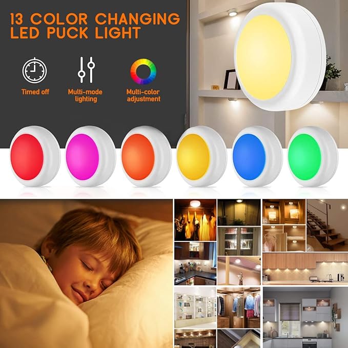 LED Puck Lights with Wireless Remote, 13 Colors RGB Dimmable Under Cabinet Lights, Battery Powered Color Changing Lights, Party Atmosphere Light for Kitchen Closet Counter, 3 Pack