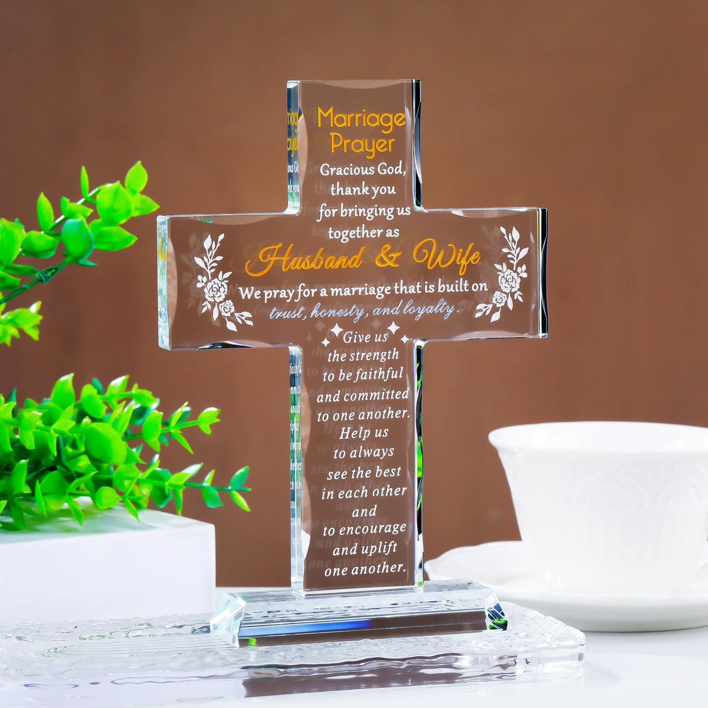 YWHL Glass Marriage Prayer Cross Wedding Gifts for Couples, Religious Cross Engagement Gifts for Bride and Groom, Bridal Shower Gift for Women Men