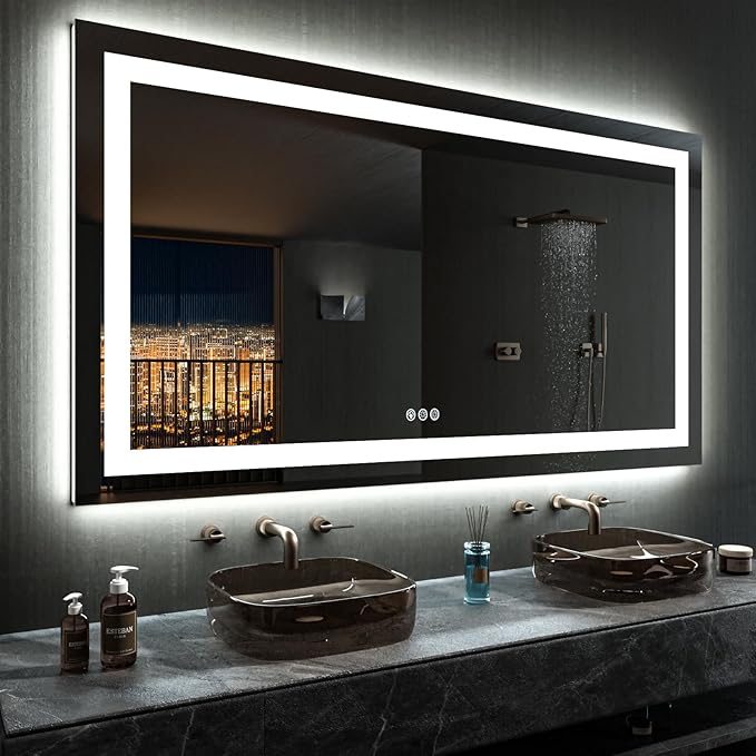LOAAO 72”X40“ RGB LED Bathroom Mirror with Lights, Large, Anti-Fog, Dimmable Smart Lighted Bathroom Vanity Mirror, Multiple Light Modes, RGB Backlit + Front Light, Memory Function, Tempered Glass