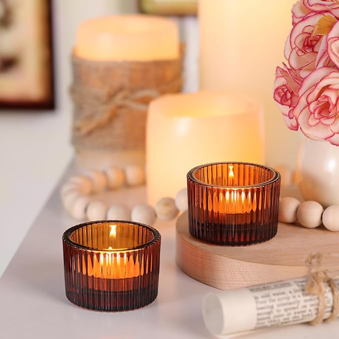 Tealight Candle Holder Set of 12, Amber Small Votive Candle Holders for Table Centerpiece,Glass Tea Light Candles Holder for Party&Home,Wedding Decor
