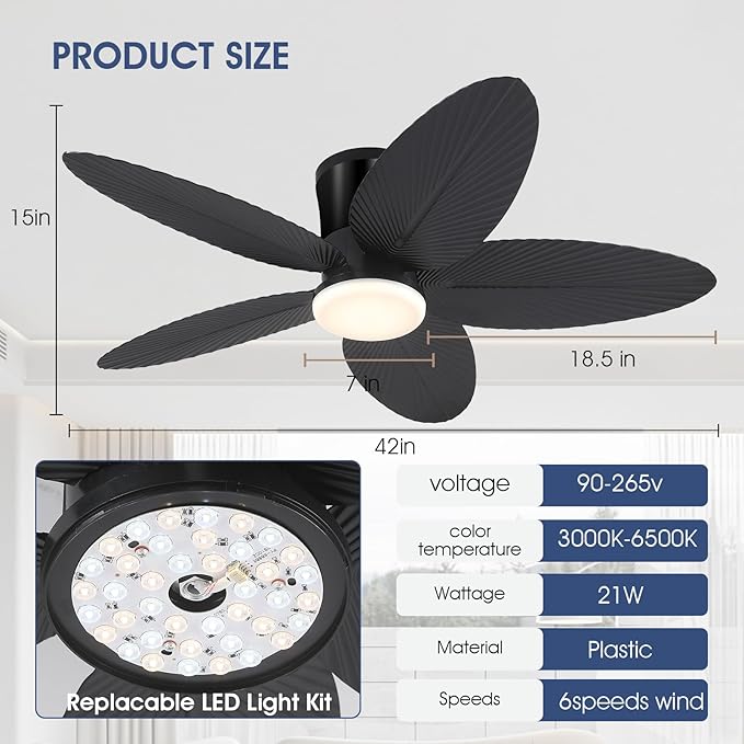 Palm Leaf Ceiling Fans with Lights-42 Tropical Ceiling Fan with Light and Remote/APP Control,Flush Mount Low Profile Black Ceiling Fans for Bedroom,Indoor/Outdoor Patio Use