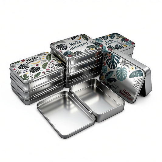 Goodma 12 Pack Empty Rectangular Silver Metal Tins Storage Organizer Gift Boxes with Hello Summer Themed Image Pattern on the Lid, 4.5 x 3.3 x 0.9 inch