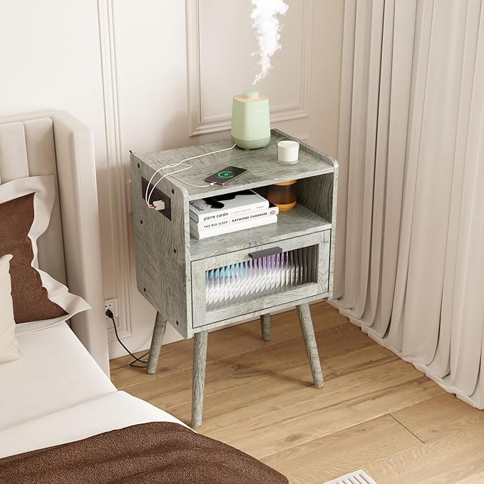 SOOWERY Mid Century Modern Nightstand with Charging Station, Bedside Tables with Acrylic Drawer, End Table Side Table with 2 Tiers Storage Space, for Bedroom, Living Room, Light Grey