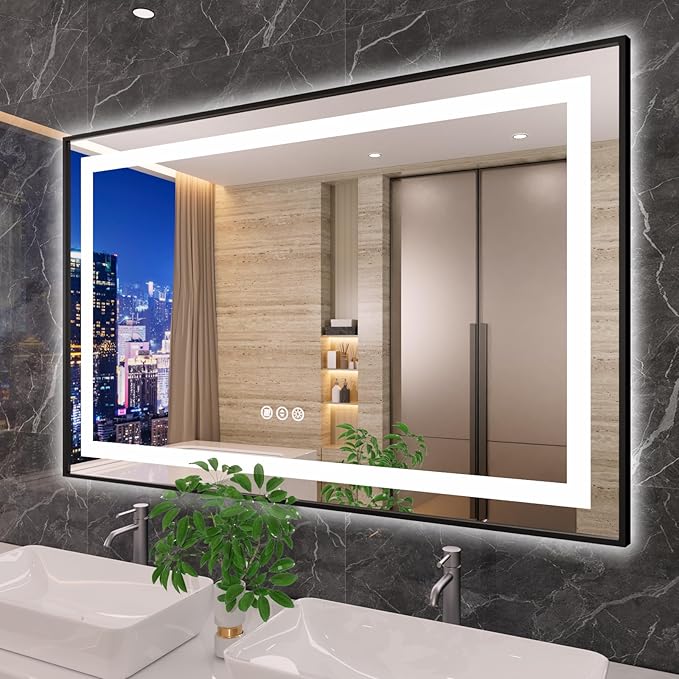 Amorho LED Bathroom Mirror, 55"X40" Mirror with Black Frame, Front Light and Backlit, Stepless Dimmable, Anti-Fog, Shatter-Proof, Memory, 3 Colors, Double LED Vanity Mirror