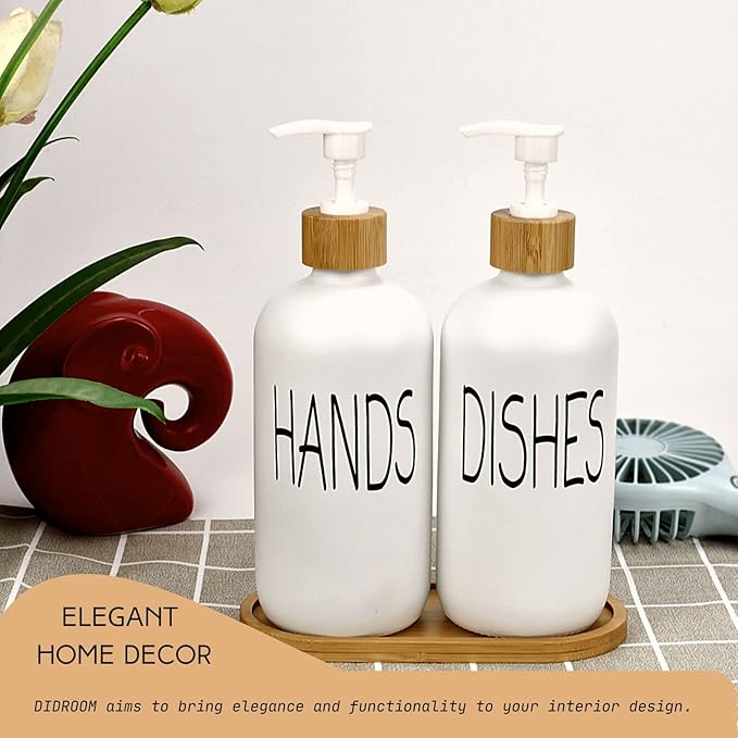 Glass Soap Dispenser Set - Hand Soap and Dish Soap Dispenser with Bamboo Tray. Vintage Soap Dispenser with Pump for KitchenKitchen Drain Outlet and Bathroom. Stylish Permanent Labels (Matte White)