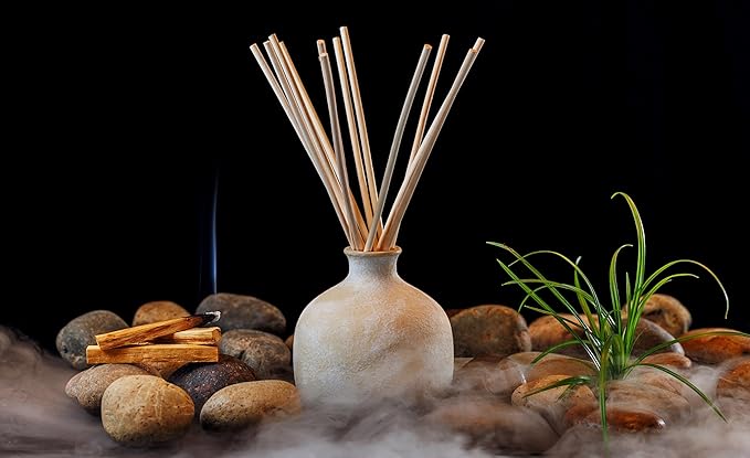 Blueme Spiritual Diffuser | Palo Santo & Vetiver | 5.92 Fl Oz - Refillable Wellness Diffuser, Contains Essential Oil, Sustainable, Hand Finished, Premium, Luxury Ceramic, Natural Rattan Reeds, | Small
