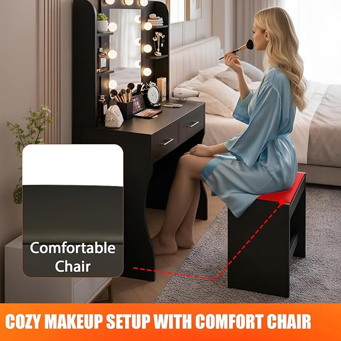 Vanity Desk with Mirror & Light, Makeup Vanity Table with Power Strip, Hair Dryer Holder & 2 Drawers & 3 Open Shelves, 3 Lighting Modes Adjustable Brightness, Dressing Table Set, Black