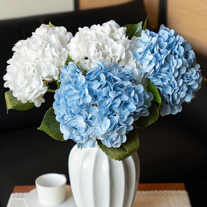 4PCS Artificial Flowers Large Hydrangeas Flowers Latex Bouquet for Wedding Bridal Office Home Party Decoration (2Pcs White+2Pcs Blue)