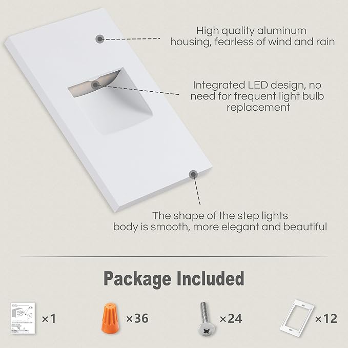 FTL 12-Pack Outdoor Step Lights LED Stair Lights Indoor, 12V 3000K/4000K/5000K Color Changing Deck Stair Light, 3.5W 150LM Low Voltage Lights for Step Aluminum, Waterproof White Vertical