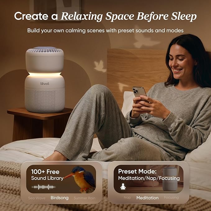 LEVOIT Air Purifier for Home Bedroom with HEPA Filter, White Noise Sound Machine and Blue Light-Free Night Light Support Better Sleep, AHAM VERIFIDE, 5 Air Quality Monitor, Smart WiFi, Sprout