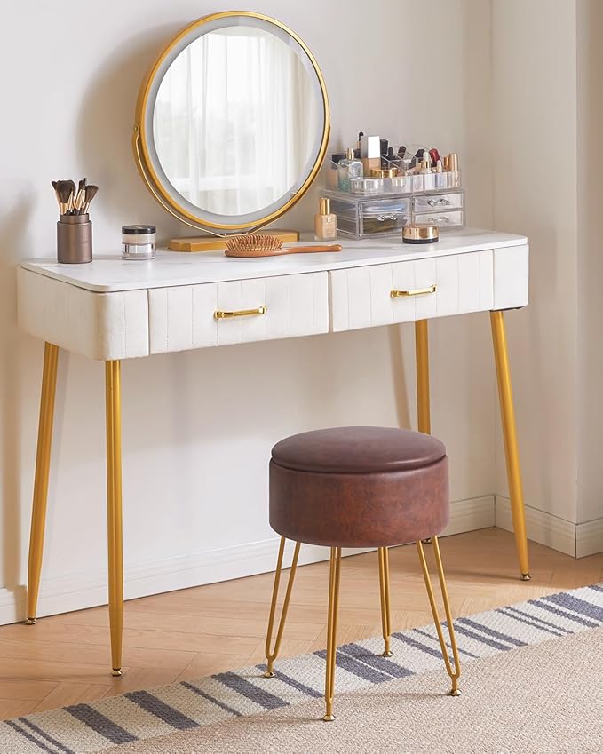 IBUYKE Faux Leather Round Footrest Stool with Storage Ottoman, Makeup Vanity Chair Side Table, PU Dressing Table Seat, Removable Cover, Golden Steel Legs, Dark Brown WBD024Z