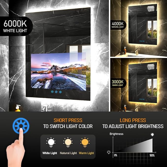 32"x24" Smart Waterproof Anti-Fog Vanity Mirror with Built-in 21.5" Touch Display, Android OS, Adjustable 3-Color LED, Bluetooth/WiFi/HDMI, Streaming Apps for Bathroom & Bedroom