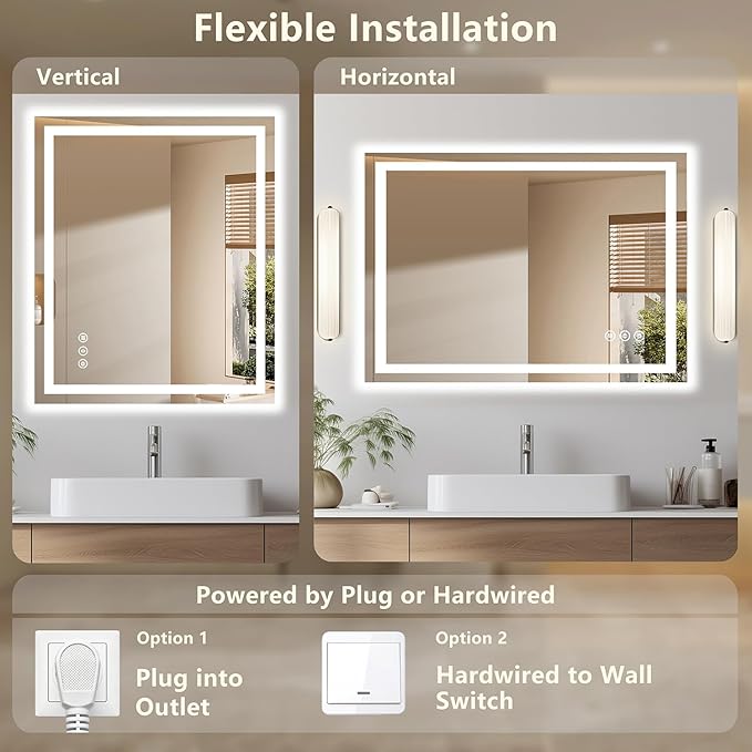 48x36 LED Bathroom Mirror with Lights - Dimmable, Anti-Fog, 3 Color Backlit & Front Lit Mirror for Bathroom, Shatter-Proof Tempered Glass, Easy Installation