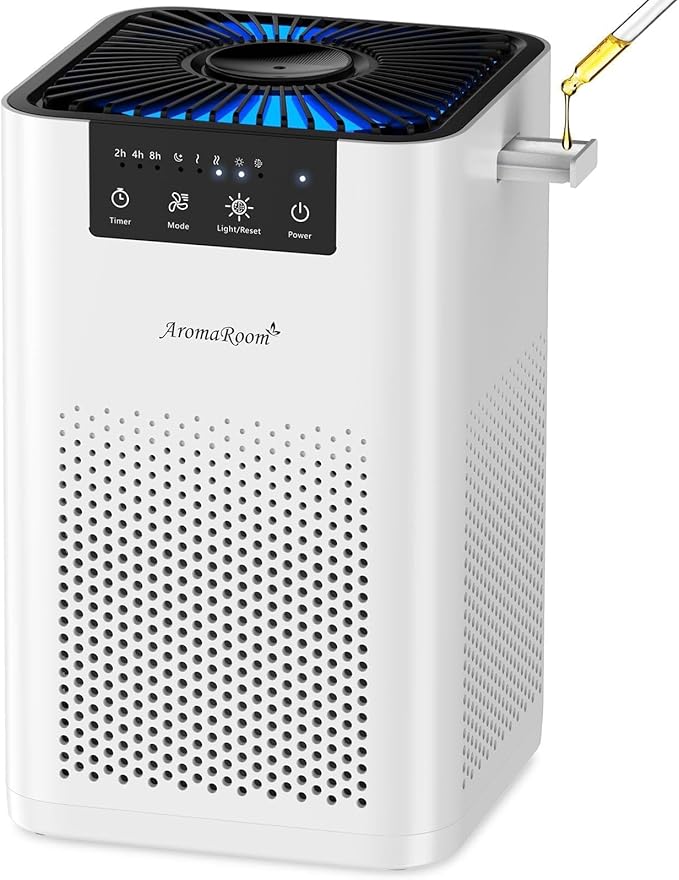 AromaRoom Air Purifiers for Bedroom with 3-in-1 HEPA Filter, Air Purifiers for Home Pet Pee Smell with Aromatherapy, Quiet 360° Airflow Air Cleaner for Office, Dorm, Apartment, Kitchen, AP102 White