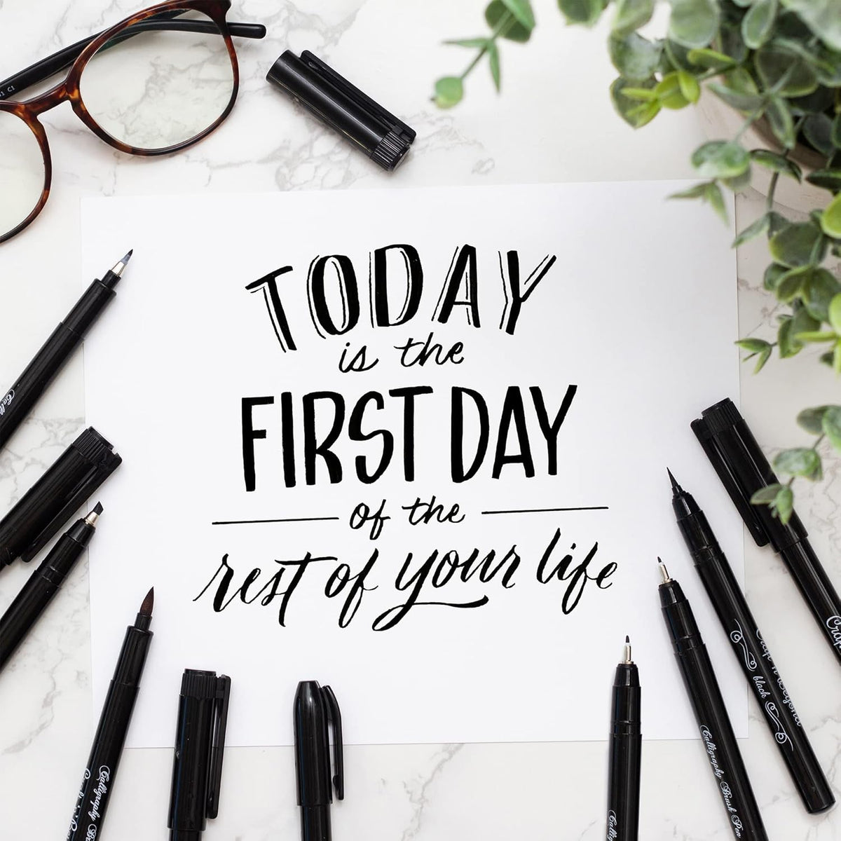 Craft 'n' Beyond Calligraphy Brush Pens Pack of 10 Markers for Hand Lettering, Art Drawing, Sketching, Scrapbooking, Journaling - Beginner Kit with Fadeproof Black Ink