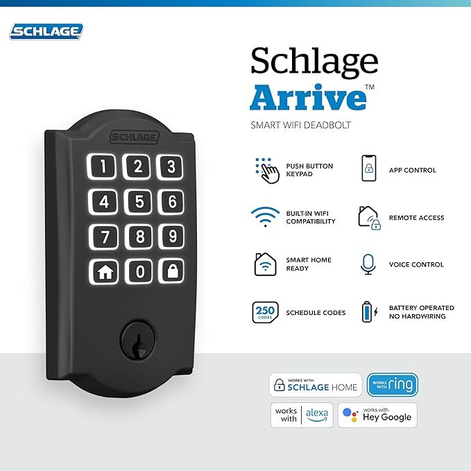 Schlage Arrive WiFi Deadbolt Smart Lock, Keyless Entry Door Lock with Camelot Trim, Matte Black, Compatible with Alexa and Google, BE459WB CAM 622