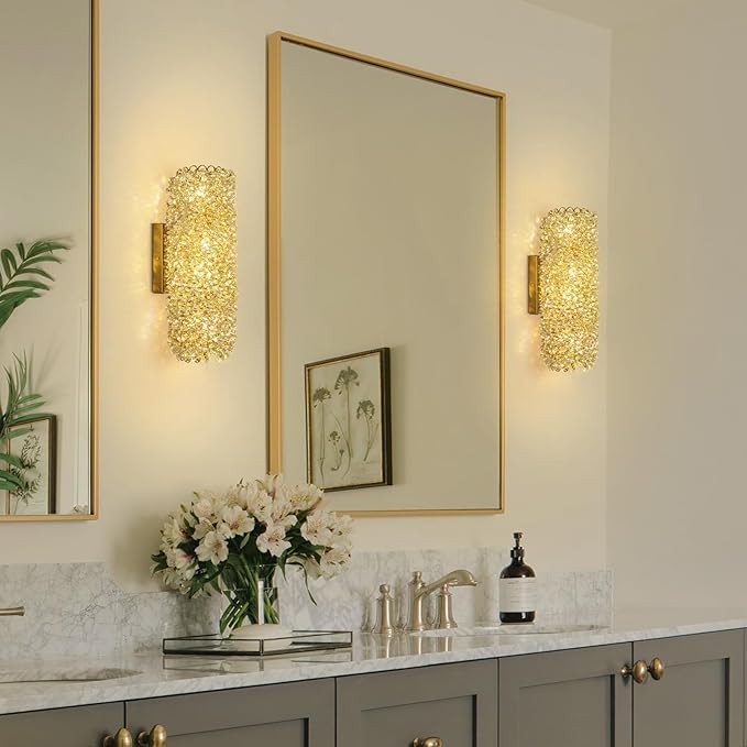 Modern Sconces, Beaded Crystal sconse Light Fixtures,Indoor Gold Wall Lamp,Crystal Vanity Wall Mount Lamp,Elegant Wall Lighting for Living Room Bedroom Bathroom Hallway Stairway Bedside