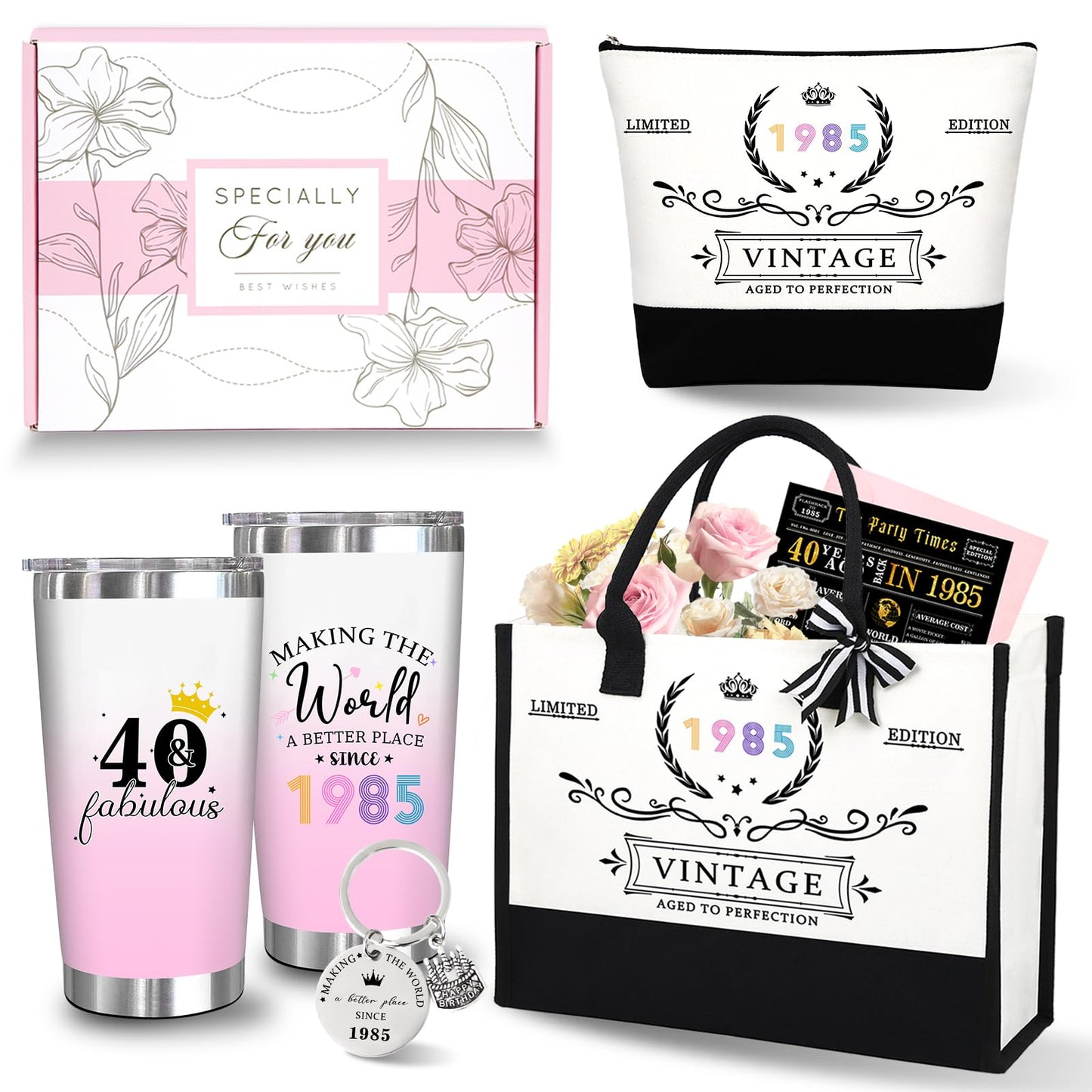 Unipinkart 40th 1985 Birthday Gifts for Women, 40 Year Old Birthday Fabulous Gifts for Women, Cool 40th Gift Canvas Tote Bag Set for Woman, Turning 40th Cup Gift Basket for Her Mom Sister Wife