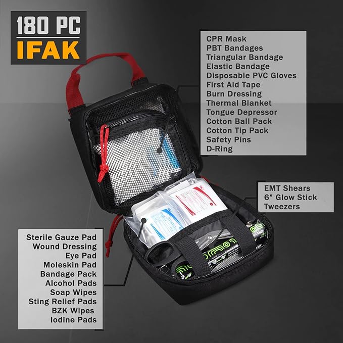 Everlit 180 Pieces Tactical First Aid Kit IFAK Molle EMT Pouch Outdoor Camping Emergency Kits for for Camping Boat Hunting Hiking Home Car Earthquake and Adventures Black