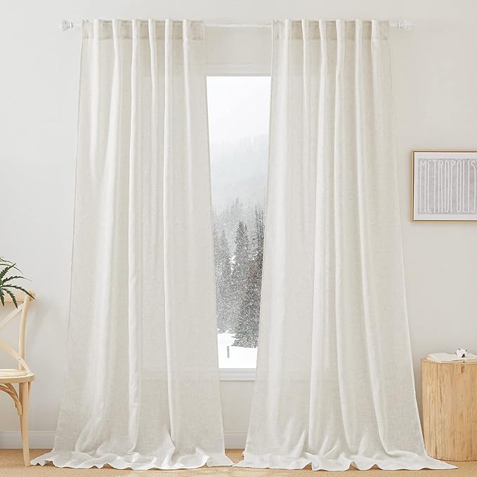 RYB HOME Extra Long Sheer Curtains, Linen Look Elegant Texture Semitransparent Vertical Window Shade for Home Office Sunroom Country House, 52 Wide x 120 inches Long, Linen, 2 Pcs